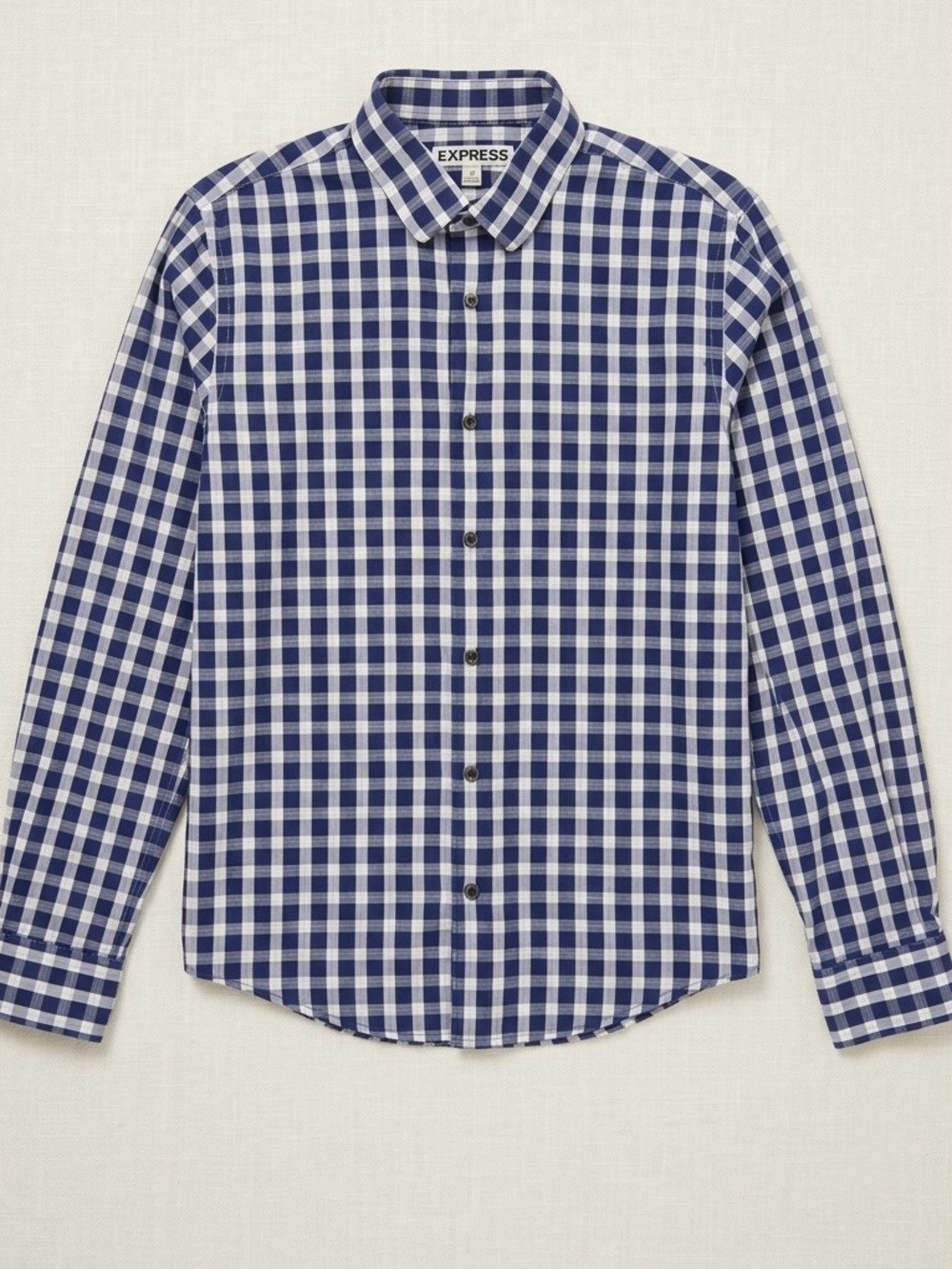 Express Men's Fitted Long Sleeve Button Up Shirt Blue White Gingham Plaid M